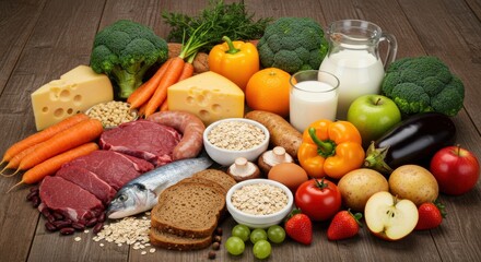 Assortment of Healthy Foods Representing All Major Food Groups on Wooden Background