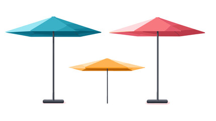 Three Geometric Pixelated Umbrellas with Blue Red and Yellow Colors Isolated on White Background for Beach Resort and Summer Holiday Decoration