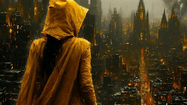 Woman in rain slicker overlooking a city at night