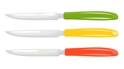 Obraz premium Three Kitchen Knives with Green Yellow and Red Handles Isolated on White Background