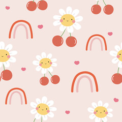 two cherries on branch with a  smiling flower , rainbow and mini heart  seamless pattern , vector , illustration