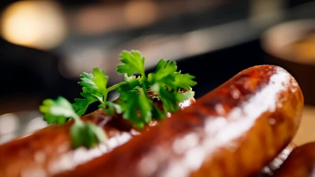 Grilled sausages on wooden board garnished with fresh parsley sprigs, presented with a blurred, warm background, studio lighting.