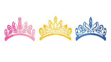 Three Ornamental Crowns in Pink Gold and Blue on a White Background