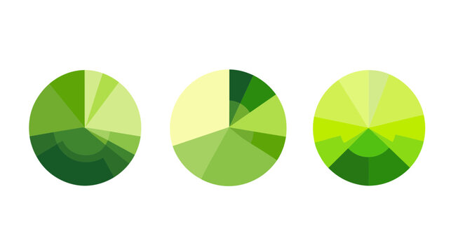Three Pie Charts Displaying Different Segments of Green Color on White Backdrop Showing Diverse Data Distributions