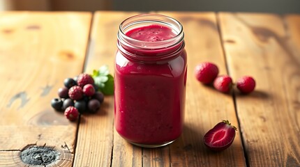 Beetroot berry smoothie in a jar on wooden table