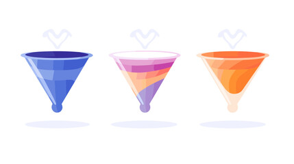 Three Pixelated Funnels with Gradient Hues on White Backdrop Representing Data Filtering in Blue Purple and Orange Tones in a Minimalist Style
