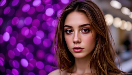 a young woman with long brown hair. she has a fair complexion and is wearing a dark top. her makeup includes subtle contouring and a light lipstick