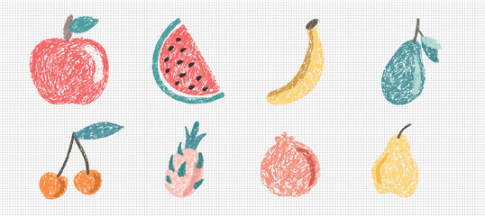 Easy edit childlike Crayon Fruit Drawings watermelon, bananas, cherries, and more, drawn with chunky, vibrant strokes