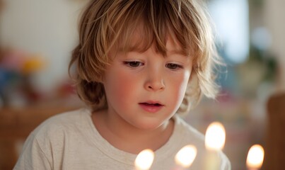 A young boy blowing out candles on his birthday cake, captured in the soft glow of natural light during the evening, Generative AI