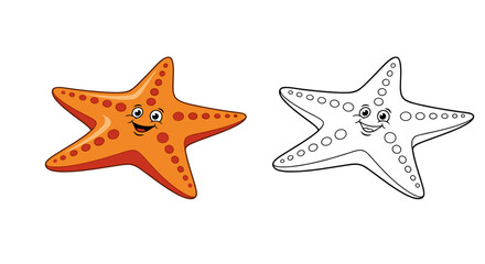 Cartoon starfish in orange color. Coloring book or page with colored example.