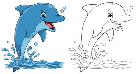 Cartoon dolphin jumping out of water. Coloring book or page with colored example.