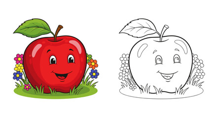 Red cartoon apple with smiling face in colorful garden setting. Coloring book or page with colored example.
