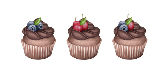 cupcakes with chocolate frosting and topping collection watercolor illustration isolated. Cupcakes are often served as desserts or snacks and can be enjoyed on various occasions.