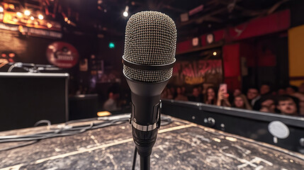 Close-up of a microphone on a stage, with blurred background of audience