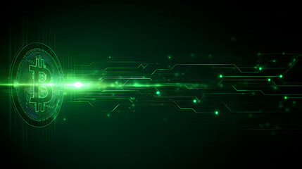 Obraz premium Green Tech Bitcoin Circuit Board, Cryptocurrency, Blockchain, Digital Currency, Finance, Technology Background, Mining, Investment, Modern Economy