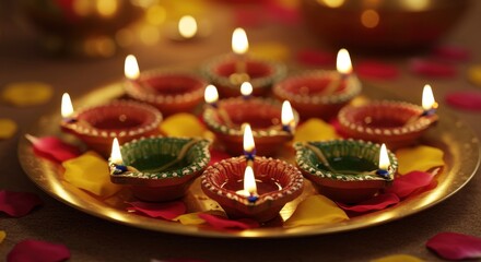 A Golden Plate Adorned with Lit Clay Diyas and Scattered Rose Petals, Celebrating the Festival of Diwali