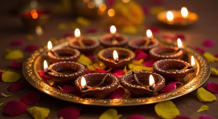 A Golden Plate Adorned with Lit Clay Diyas and Scattered Rose Petals, Celebrating the Festival of Diwali
