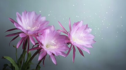 Three delicate pink flowers bloom elegantly against a soft blue background, radiating beauty with their intricate petals and gentle hues, creating a serene atmosphere.