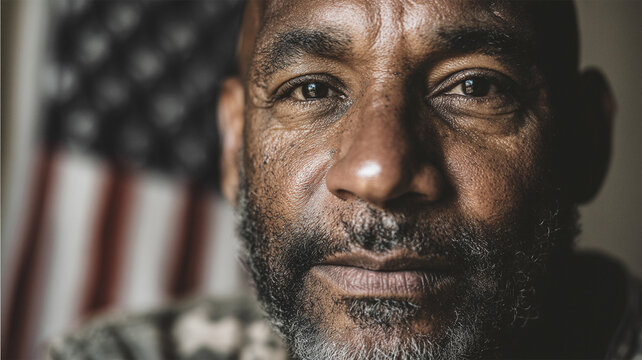 War veteran looking serious. African American soldier with the American flag in the background. Patriotic service member wearing the camouflage uniform of the United States Armed Forces.
