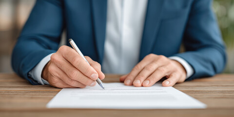 A person in a suit signs a document at a wooden desk, focusing on business or legal paperwork.
