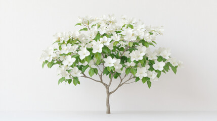 Elegant dogwood tree with vibrant white blossoms and lush green foliage against a minimalist background