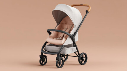 Stylish stroller with soft fabric seat and wooden handle, perfect for parents on go