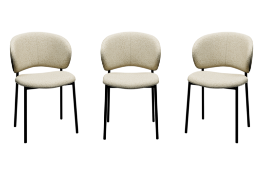 Three beige chairs with black legs.