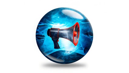 3D Black Megaphone Icon with Red Accent in Blue Sphere for Announcement and Digital Communication Design