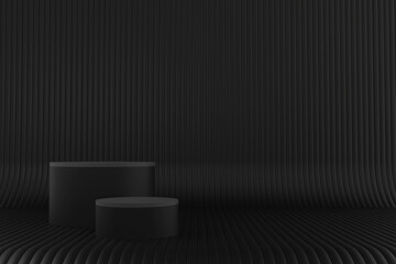 Black display podium, geometric abstract pastel blue, stair step, 3D rendering.