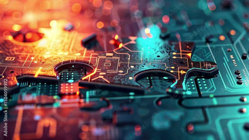 Aufkleber intricate puzzle piece merges with glowing circuit board in vibrant 4k stock visual showcasing techn