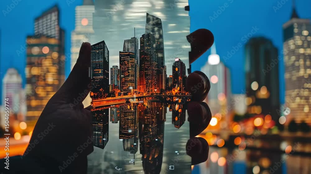 Poster hand holding smartphone displaying a city skyline with reflections at dusk showcasing vibrant lights