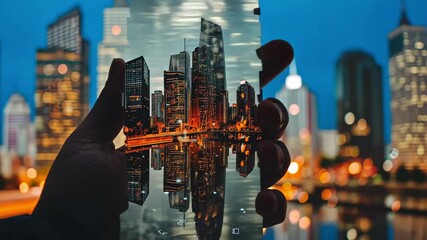 Hand holding smartphone displaying a city skyline with reflections at dusk showcasing vibrant lights and urban architecture in a modern cityscape - Powered by Adobe
