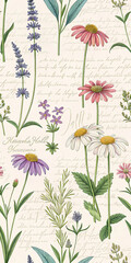Elegant botanical floral pattern with hand drawn flowers and handwritten script background
