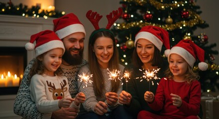 A Joyful Family of Four, Dressed in Santa Hats, Celebrates Christmas Eve Indoors with Twinkling Sparklers and a Beautifully Decorated Christmas Tree