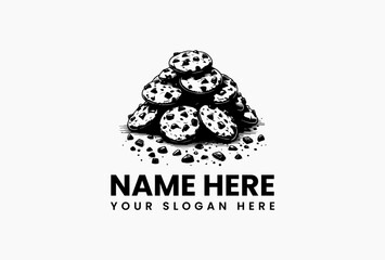 Detailed vector illustration of stacked homemade chocolate chip cookies with rustic charm. Dessert branding  