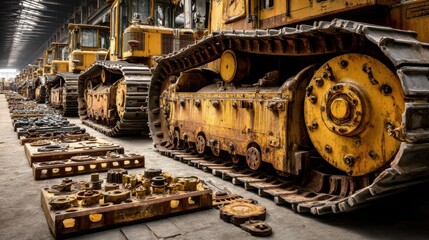 A line of crawler tractors during maintenance check, with parts laid out neatly
