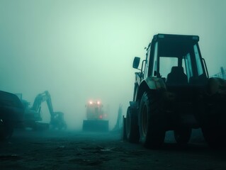 Backhoe loader idle in the fog, surrounded by misty machinery outlines