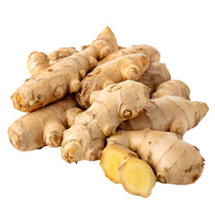 Fototapeta premium Pile of ginger root isolated on transparent background