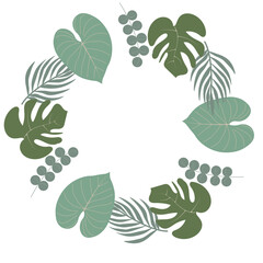Jungle-inspired circular border with tropical leaves, rich foliage, and lotus blooms. Great for invitations, covers, banners, and greeting cards. Vector tropical art