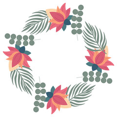 Circular jungle-themed frame featuring tropical leaves, lush foliage, and lotus flowers. Ideal for invitations, covers, banners, and greeting cards. Vector tropical scene