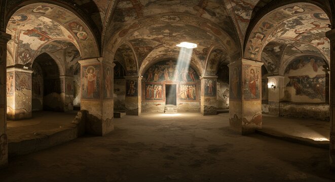 Ancient Room with Paintings and Light Beam