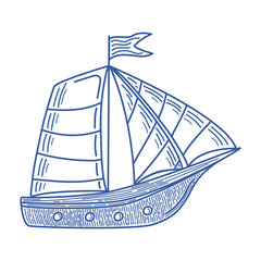 Hand-drawn sailboat in blue outline on white background. Nautical vintage style. Perfect for summer designs, kids prints, or marine-themed projects. Vector illustration