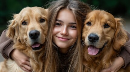 Smiling girl enjoys time in park while bonding with two friendly golden retriever dogs
