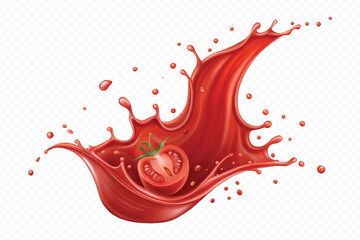realistic 3d fresh tomato red juice or ketchup sauce splashes in different style isolated on transparent background