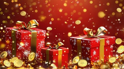 Festive Christmas sale banner design featuring bright 3D gift boxes, shiny gold coins and joyful ribbons, warm red and gold colors and glittering effects, joyful e-commerce holiday theme.