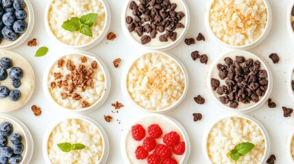 Overhead shot of multiple rice pudding servings arranged symmetrically with toppings
