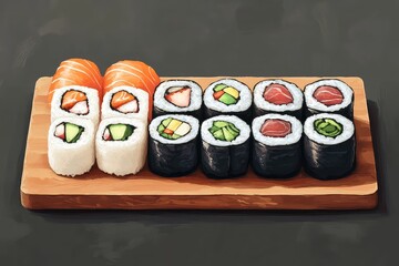 A colorful platter of assorted sushi rolls, served with soy sauce and wasabi on a wooden board