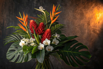 Fototapeta premium A beautiful, artful arrangement of tropical flowers and green foliage set in a studio.