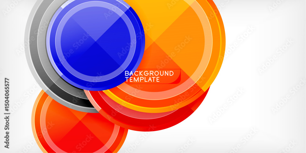 Poster abstract circles overlap, creating vibrant color gradients. design features orange, blue, red, gray 