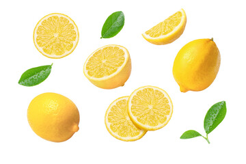 Fototapeta premium yellow lemons with leaf and slices flying isolated on white background